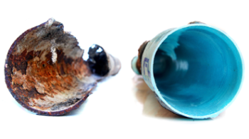 Side-by-side comparison of a heavily corroded pipe and the same pipe after Nu Flow lining, showing a smooth, blue interior surface restored using cured-in-place pipe technology.